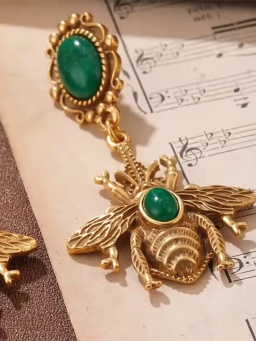 Vintage Gold Bee Drop Earrings with Green Stones